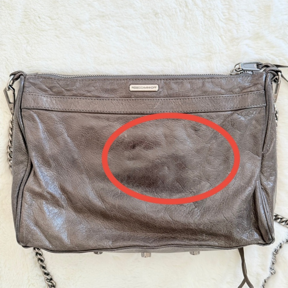 REBECCA MINKOFF Mac Daddy Crossbody Bag Grey Taupe Leather Chain Strap - Picture 8 of 14